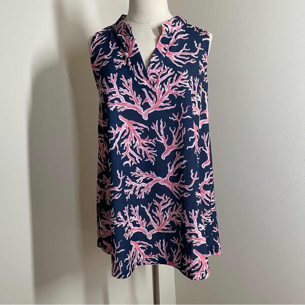 Simply Southern -SZ S- Naples Coral Reef Blue Pink Blue Stretchy Sleeveless Top